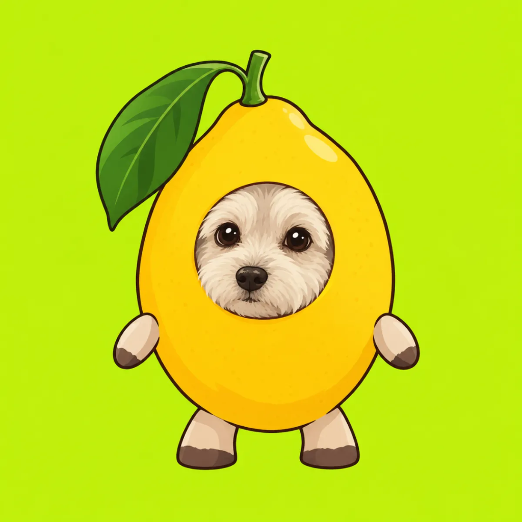The Lemon Dog, a bright yellow lemon-shaped creature with a green stem leaf and a small white dog's face peering out of a round opening
