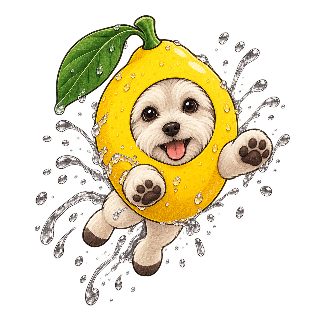 The Lemon Dog leaping mid-air with paws raised, surrounded by splashing water droplets